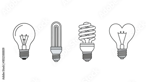 Illustration of different light bulb types incandescent halogen cfl and led