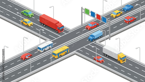 Isometric view of a complex highway interchange with various vehicles