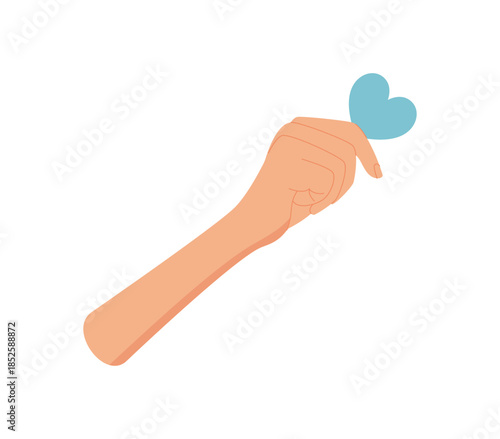 Cartoon hand holding a heart. A loving gesture with a playful and flat design. Vibrant concept showcasing charity, support, and care. Symbolic abstract composition ideal for themes of compassion