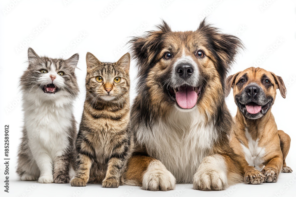 Fototapeta premium Playful pets enjoying a cheerful moment together with one happy cat and three joyful dogs relaxing side by side in a bright setting