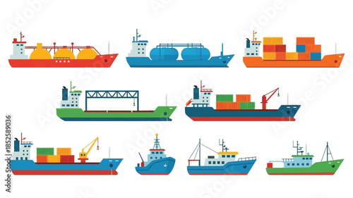 Illustration of various commercial ships including tankers cargo ships and tugboats