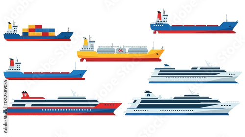 Colorful illustration depicting various types of ships and ocean vessels