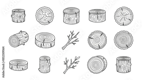 A collection of stylized wood logs and small tree branch illustrations