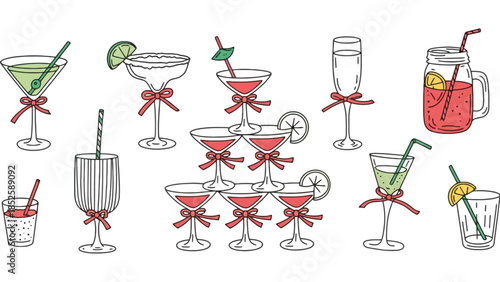 Festive cocktails and mocktails adorned with red bows, perfect for celebrations and parties.