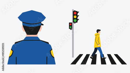 A police officer observes a pedestrian crossing the street at a traffic light