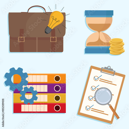 Business elements briefcase colorful folders to do list hourglass coins finance composition office work
