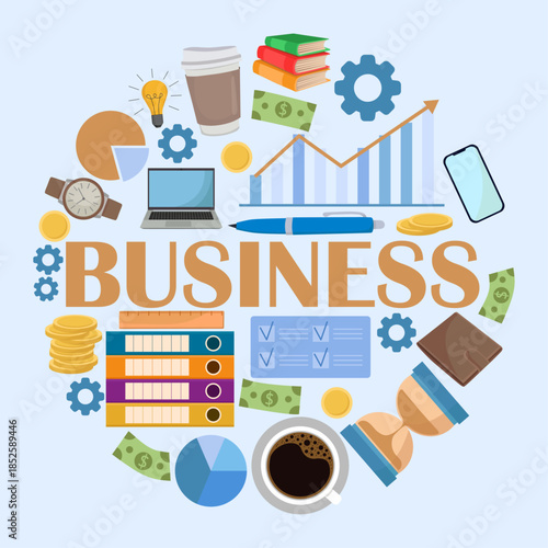 Business finance elements circular frame office work coffee charts folders phone laptop money