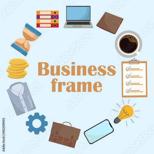 Business elements finance frame coffee yellow coins laptop folders t-shirt to do list mobile phone