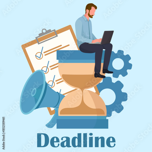 Deadline for office worker man working on laptop hourglass to do list flat blue illustration
