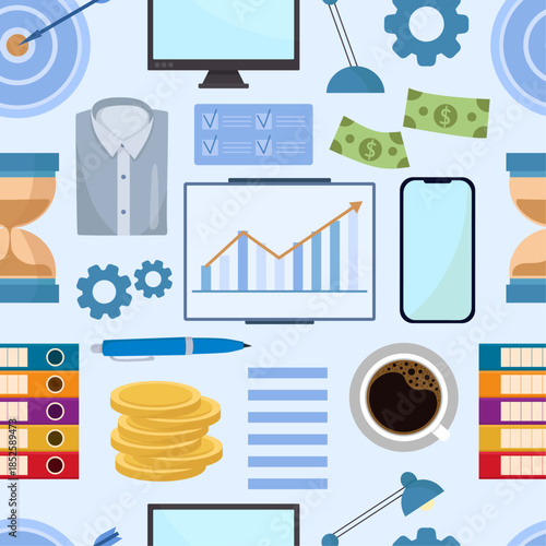 Finance pattern with business ofiice work elements graphics coins folders mobile money flat illustration