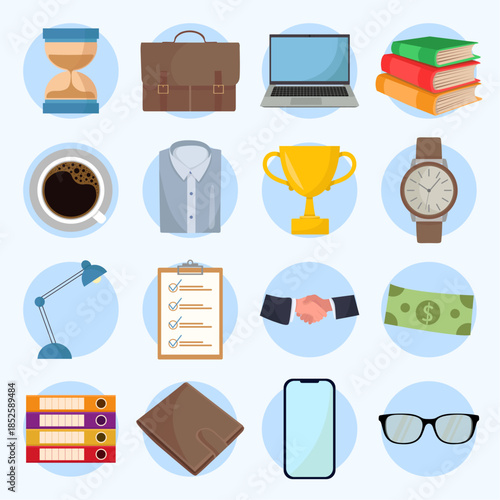Office workers finance elements coffee folders laptop money eyeglasses briefcase flat illustration