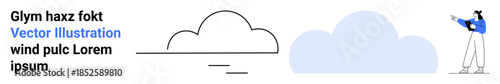 Stylized cloud shapes with a human figure pointing, combining linear and solid elements. Ideal for weather concepts, innovation ideas, teamwork, forecast apps, education, minimal branding, simple