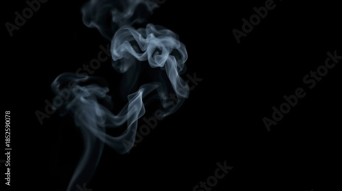 Abstract flowing white smoke isolated on black background, soft misty vapor swirls with cinematic lighting and high contrast, ideal for spooky or atmospheric overlays and wallpaper textures.