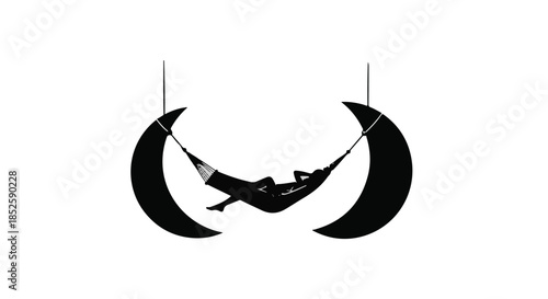 Relaxing person sleeping in hammock between two crescent moons in space, peaceful surreal scene with celestial body silhouette