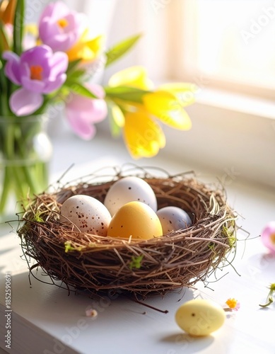 Easter Nest with Colorful Eggs and Flowers on a Sunny Window Sill.