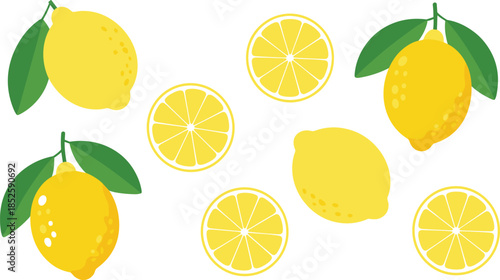 Yellow lemons and lemon slices with green leaves citrus