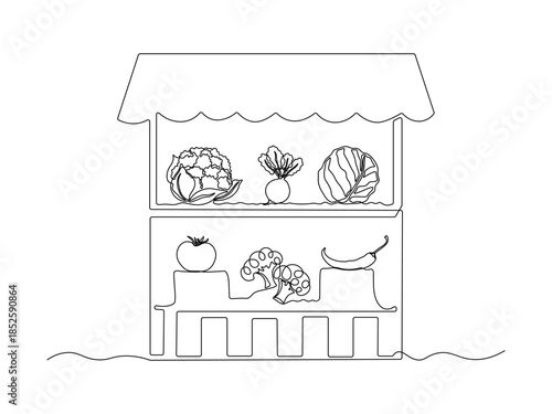 Abstract market shelf, counter with vegetables, cabbage,beetroot,cauliflower,broccoli,chili pepper,tomato, continuous single one line art hand drawing sketch logo on white background