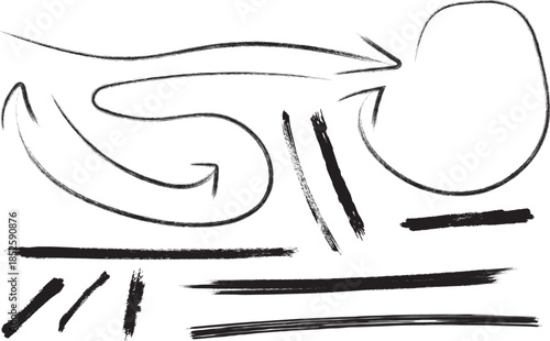 Hand drawn arrows and brush strokes doodle set