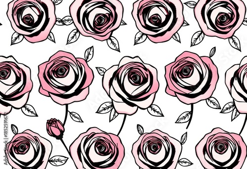 Abstract seamless pattern of delicate hand-drawn line art roses blossoming on a white background, romantic, floral