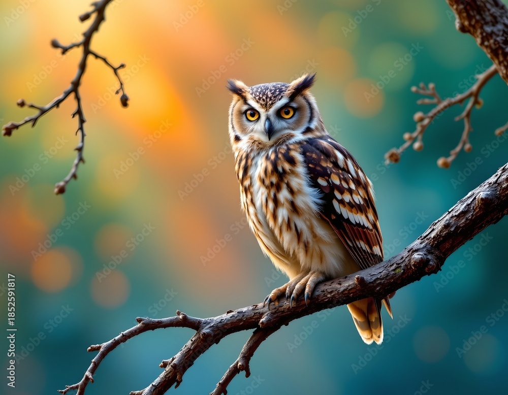 Fototapeta premium Majestic Owl Perched Gnarled Branch Sunset Glow