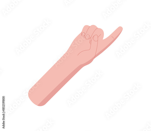Flat cartoon hand gesture with one finger raised sticker. Bare hand showing the number one. Light tone graphic for education, math, counting, and preschool materials.