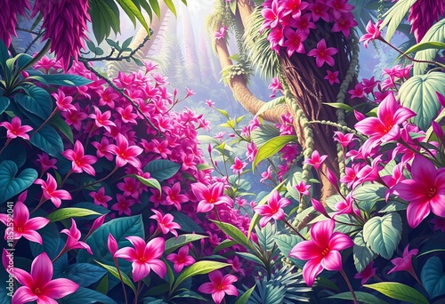 Pink anime jungle, vibrant flowers, whimsical leaves, fantasy flora, lush ecology,  surreal,  artwork