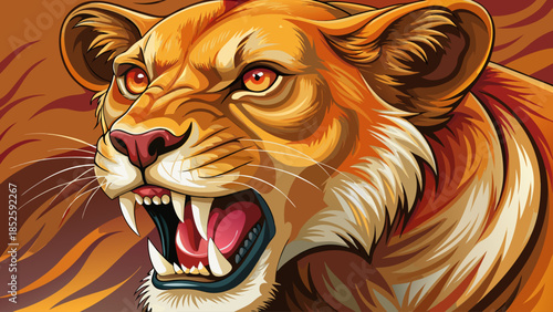 Close-up of a fierce lioness showing sharp teeth, conveying dominance and raw power, emphasizing the untamed beauty and danger of wild African predators