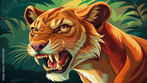 Powerful lioness baring her dangerous teeth in a close-up portrait, capturing intense expression, strength, and wild predator instincts in a dramatic natural setting