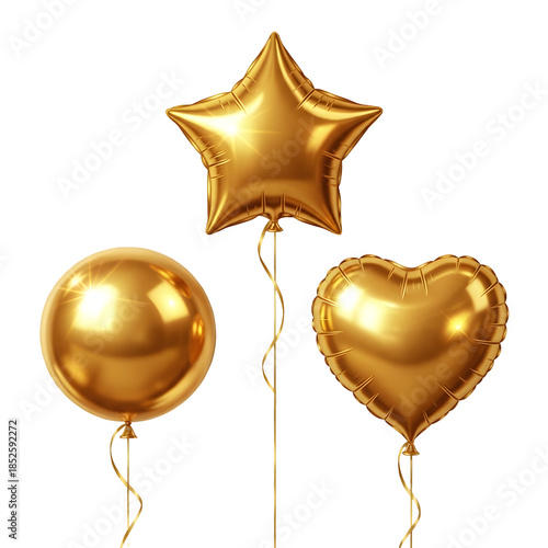 Collection of shiny gold foil balloons in sphere star and heart shapes isolated on black