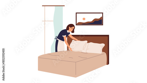 Housekeeper neatly arranging pillows on a freshly made bed in a bright room.