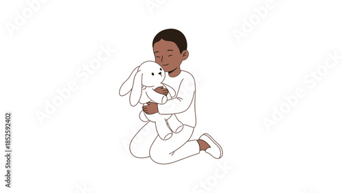 Young boy in pajamas tenderly hugging a plush bunny toy with eyes closed in comfort.