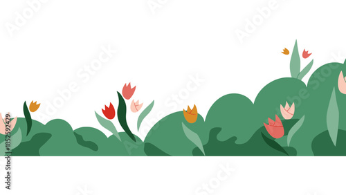 Vibrant springtime garden with blooming tulips and lush green foliage