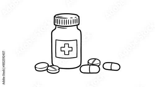Simple illustration of a medicine bottle with pills scattered around, representing health and treatment