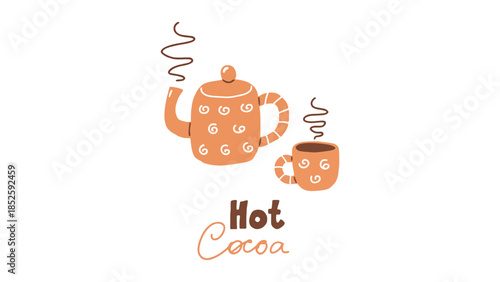 Cozy illustration of a steaming teapot and mug for hot cocoa, perfect for winter comfort.