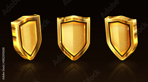 Golden shield vector icons set, gold knight ammo