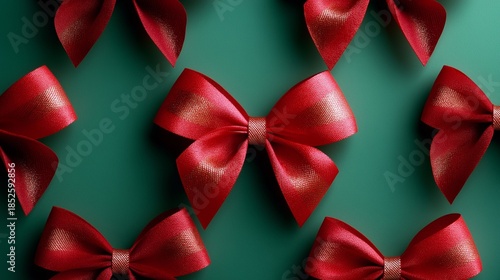 Elegant red bows on a stylish green background. Creative Christmas and New Year concept.