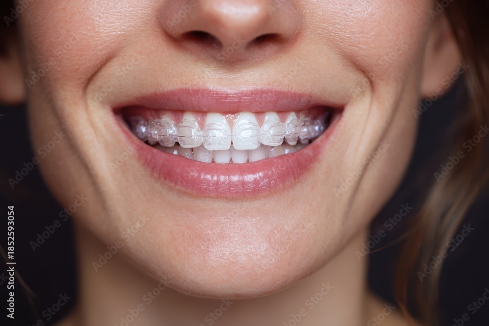 Obraz premium Woman smiling with clear orthodontic aligners in a close-up shot during dental treatment session