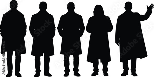 Business people silhouettes standing together, men and women wearing coats, leadership and teamwork concept, minimal style isolated white background