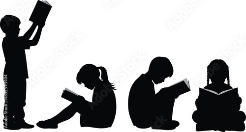 Children reading books silhouettes isolated on white background, kids studying and learning together, education knowledge concept illustration