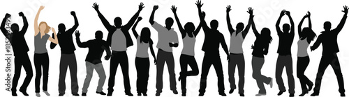 Diverse group of people silhouettes celebrating together, joyful crowd dancing with raised hands, teamwork unity concept, social event illustration