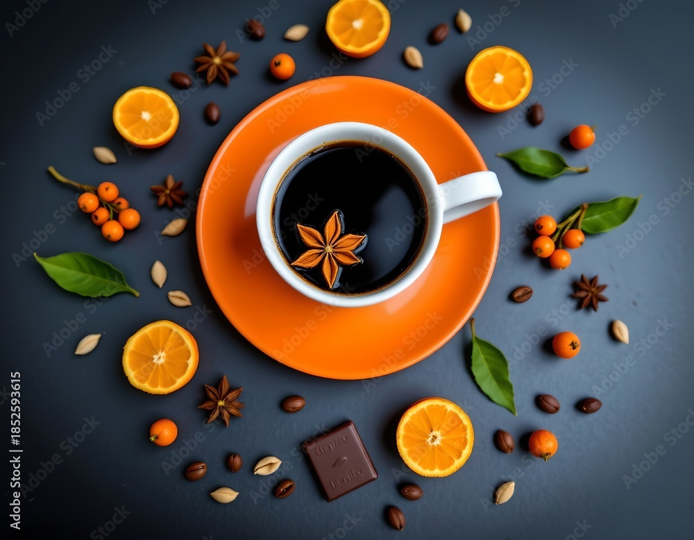 Obraz premium Cozy Coffee Scene with Spiced Fruits and Warm Lighting