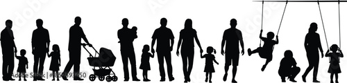 Family silhouettes showing parenting stages, parents and children walking, holding hands, playing swing, childcare concept isolated vector illustration white background
