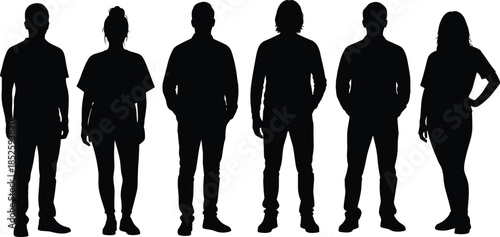 Group of diverse people silhouettes standing together isolated on white background, teamwork concept, anonymous men women lineup, community, diversity, unity
