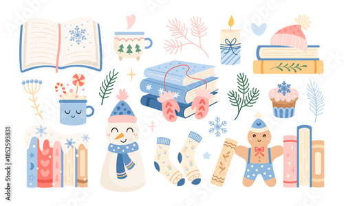 Pastel winter books clipart set, Trendy Christmas bookish aesthetic, Book lover gifts, Cozy reading, Bookstore Holiday Graphic, Seasonal vector illustration.