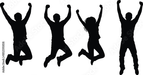 Group of jumping people silhouettes, celebrating success, teamwork freedom, youth energy, achievement motivation, happiness diversity, unity lifestyle, isolated white background