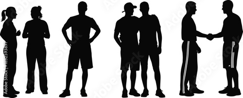 Group of people silhouettes, friends talking standing handshake gesture, social interaction teamwork concept, casual lifestyle scene, isolated black vector illustration