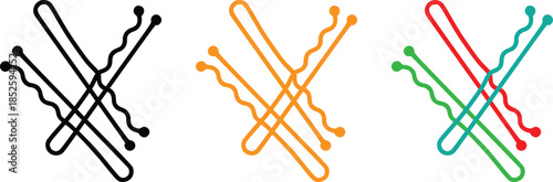 Minimalist icon set of three intertwined bobby pins in black, orange, and colorful variation vector set