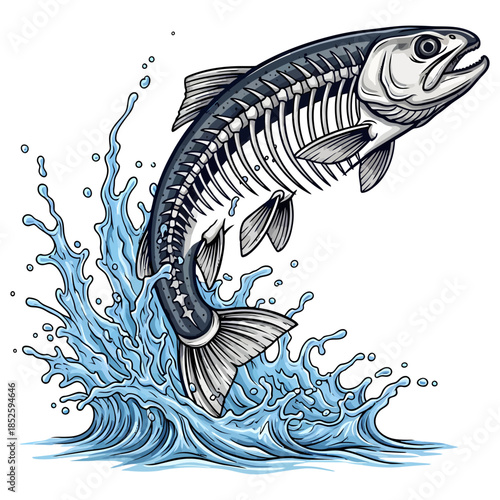Trout fish skeleton jumping out of blue water splash vector illustration isolated on white