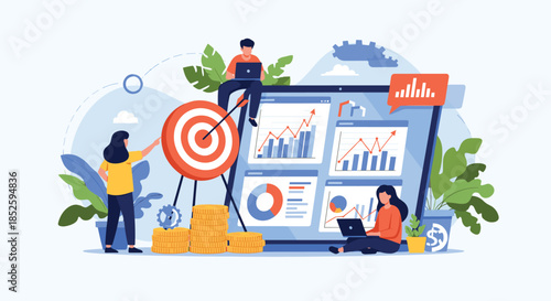 Business growth analysis and strategic planning with financial data visualization and target achievement.