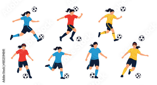 Young women playing soccer in various poses during a match.